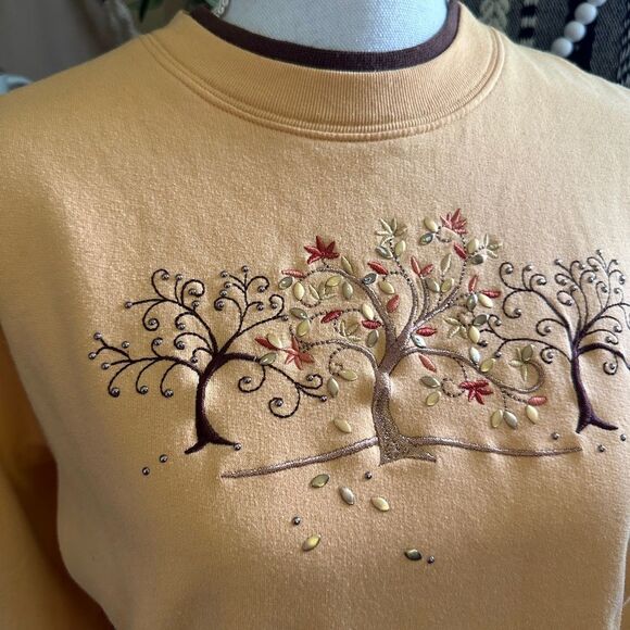 Vintage Fall Trees Leaves Embroidered Embellished Double Crew Granny Sweatshirt - Picture 2 of 6